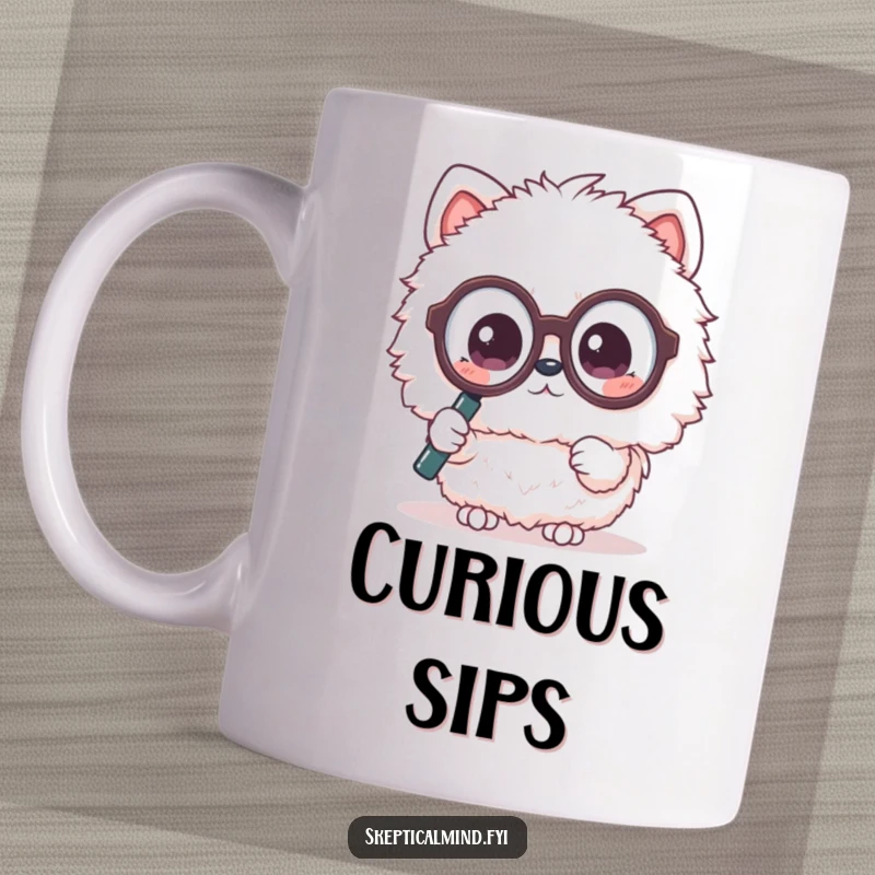 Funny mug featuring a fluffy Kawaii animal in oversized glasses, peering through a magnifying glass with a curious expression.