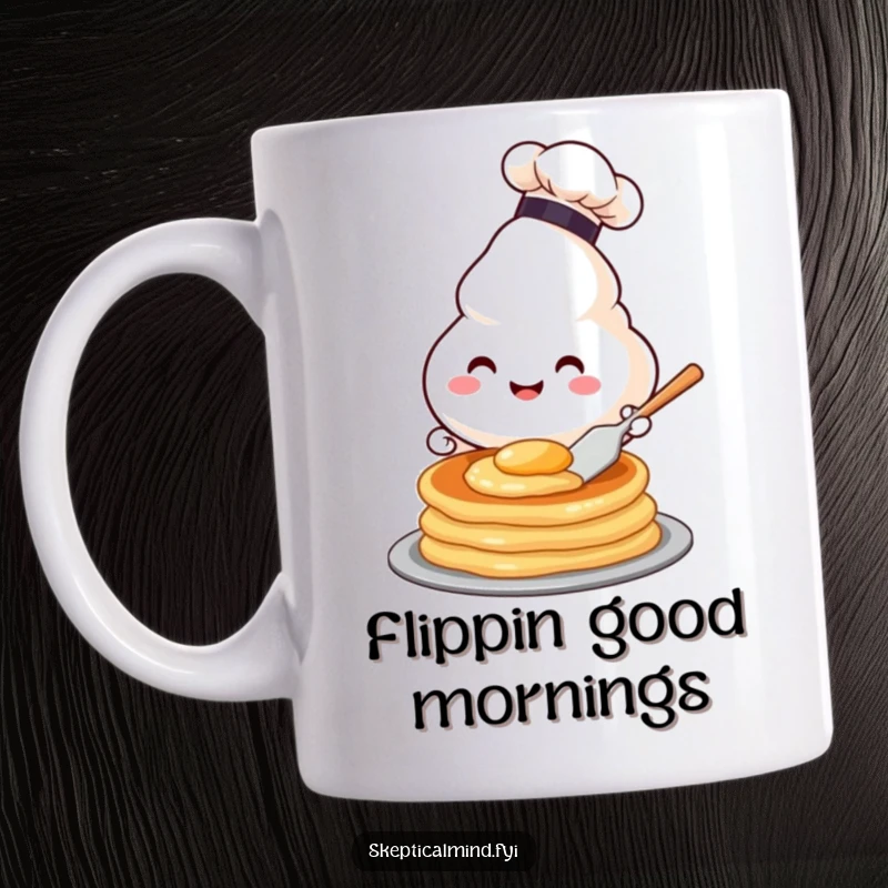 Funny mug showing a happy sour cream dollop character wearing a chef hat, skillfully flipping a pancake, symbolizing culinary joy.
