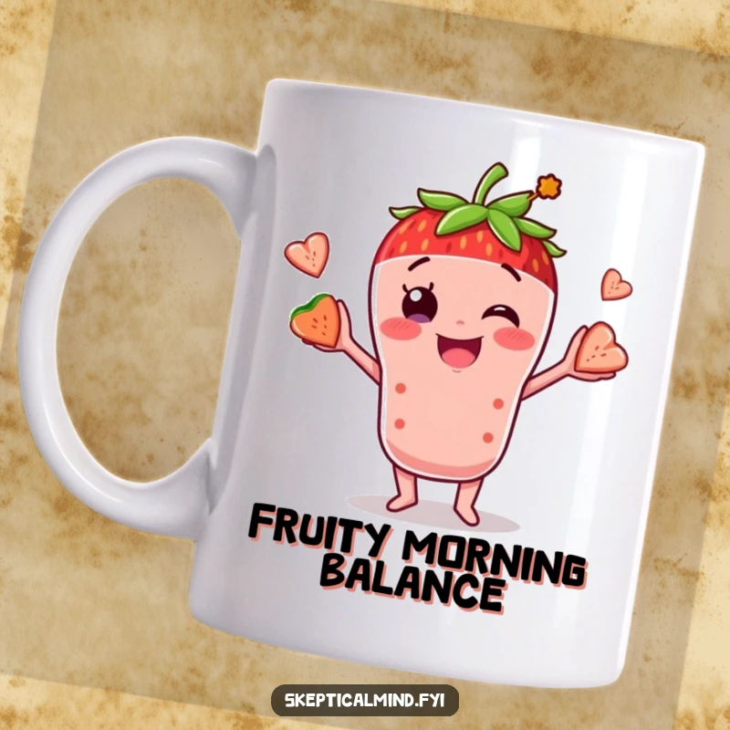 Funny mug with a happy strawberry smoothie character expertly juggling smaller pieces of fruit, radiating vibrant humor.