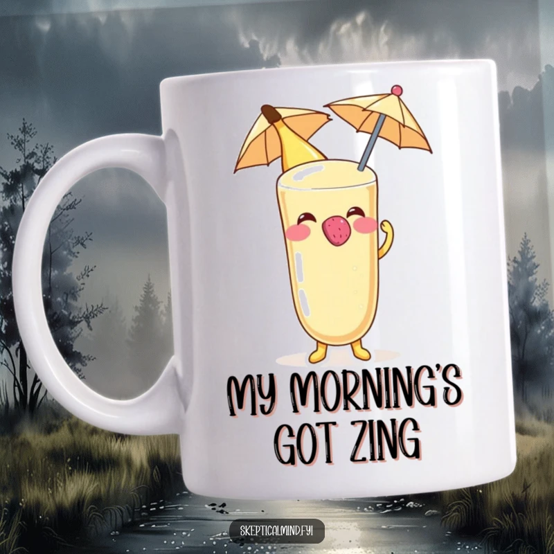 Funny Banana smoothie character with a huge grin blowing a raspberry on a tiny cocktail umbrella, perfect for a mug.