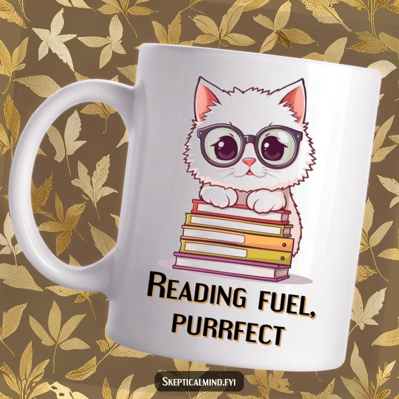Funny Mug: A fluffy white cat dons oversized spectacles, peeking curiously over a mountain of books, radiating studious humor.