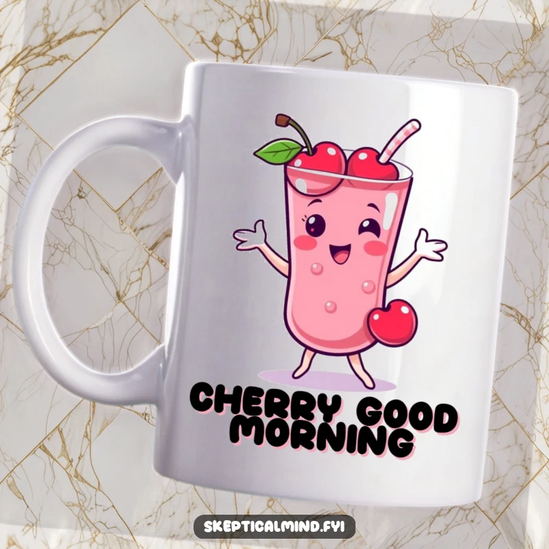 Funny Cherry smoothie character joyfully doing a playful dance on this cheerful mug.