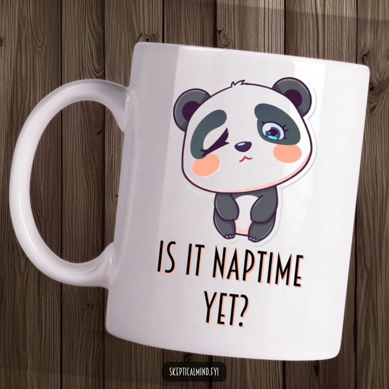 Funny confused panda mug with head tilted and one eyebrow raised, expressing adorable bewilderment.