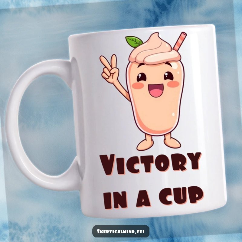 Funny mug with an excited peach smoothie character striking a confident victory pose, radiating triumph and energetic joy.