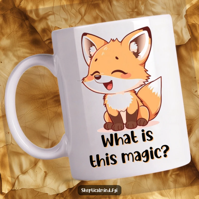 Funny Fox Cub Mug: A giggling fox cub looks at something with a mix of bewilderment and delight, capturing pure joy.