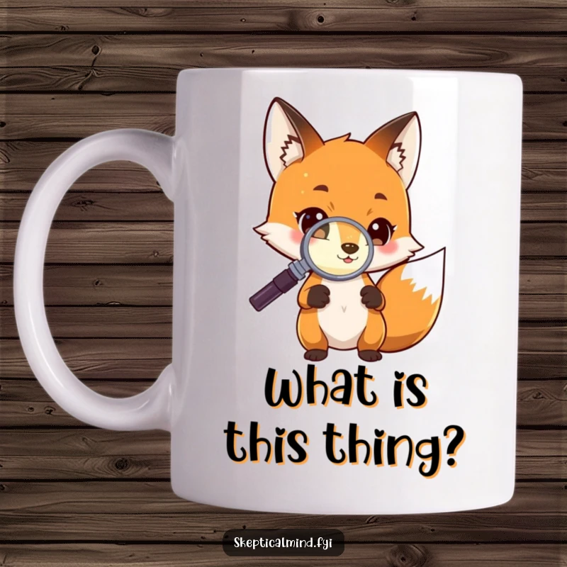 Funny Mug showing a curious fox character intently examining a small, glowing object with a magnifying glass, embodying exploration.