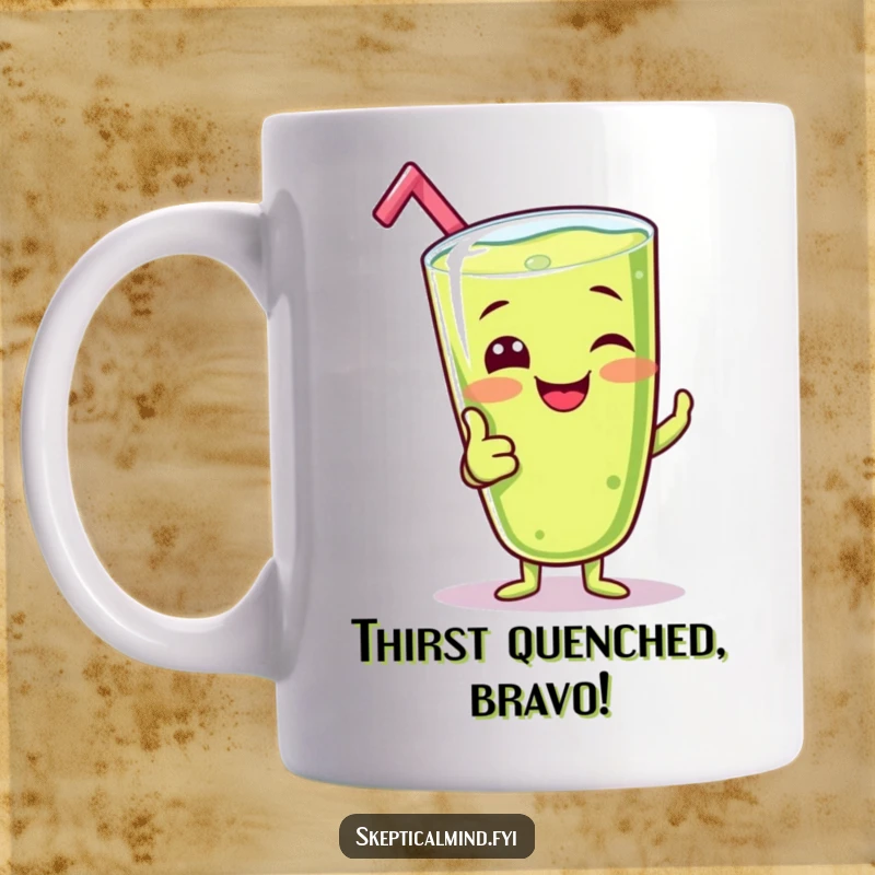 Funny mug with a giggling kiwi smoothie character cheerfully giving a silly thumbs-up gesture, radiating fun and positive vibes.