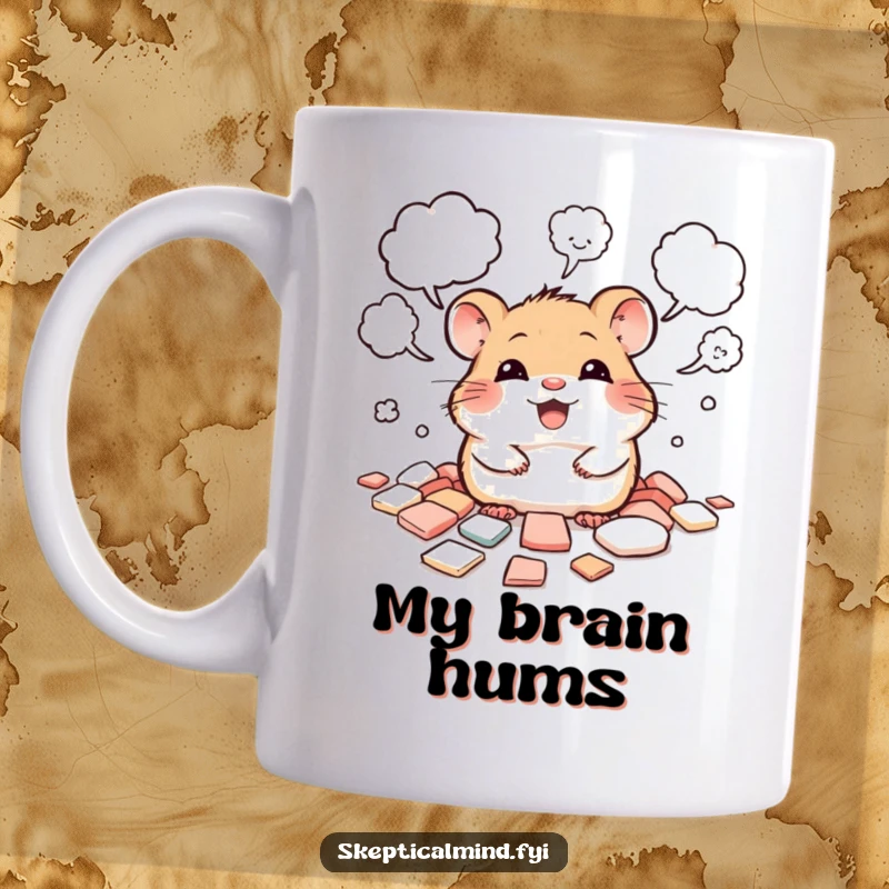 Funny mug with a giggling hamster peeking from a pile of scattered thought bubbles, symbolizing creative ideas.
