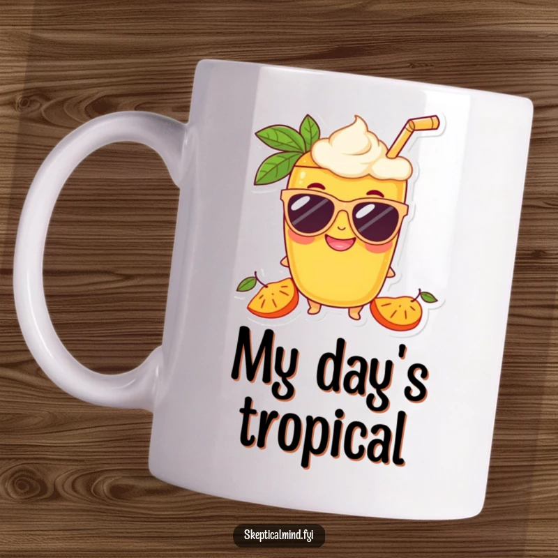 Funny Mango smoothie character looking cool in oversized sunglasses with a wide grin on this mug.