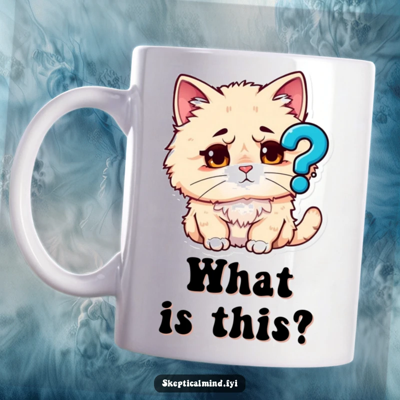 Funny mug with a fluffy cat sporting a puzzled expression, intently staring at a floating question mark icon, pondering life.