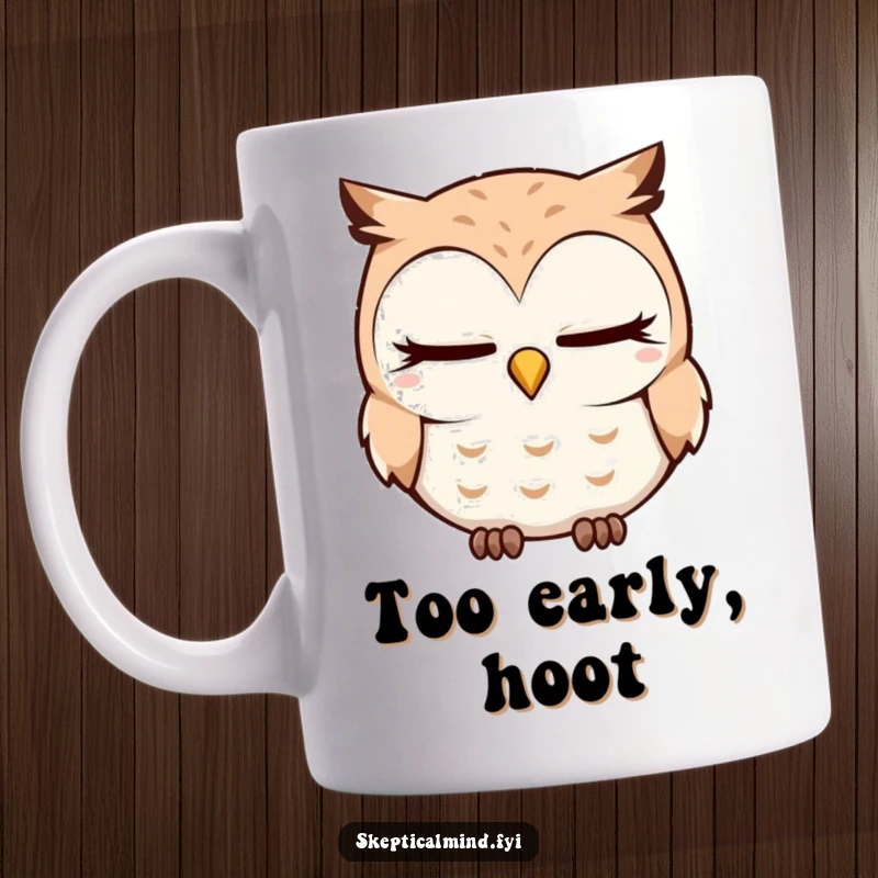 Funny Mug depicting a sleepy owl with a quizzical head tilt, blinking slowly, conveying gentle confusion and relaxed contemplation.