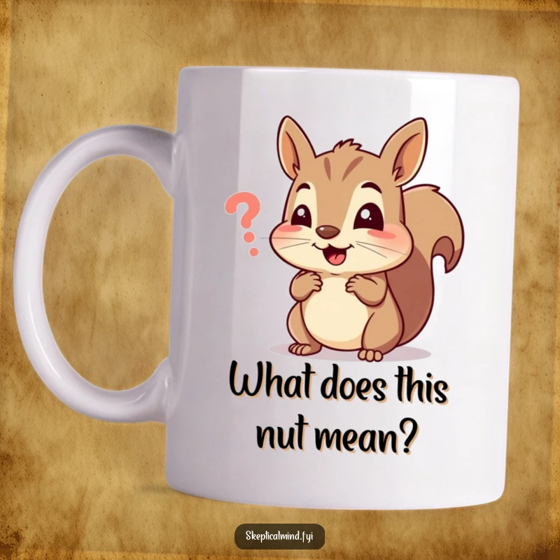 Funny mug showing a cheerful squirrel squinting with confusion at a very small, indecipherable symbol, perfect for coffee lovers.