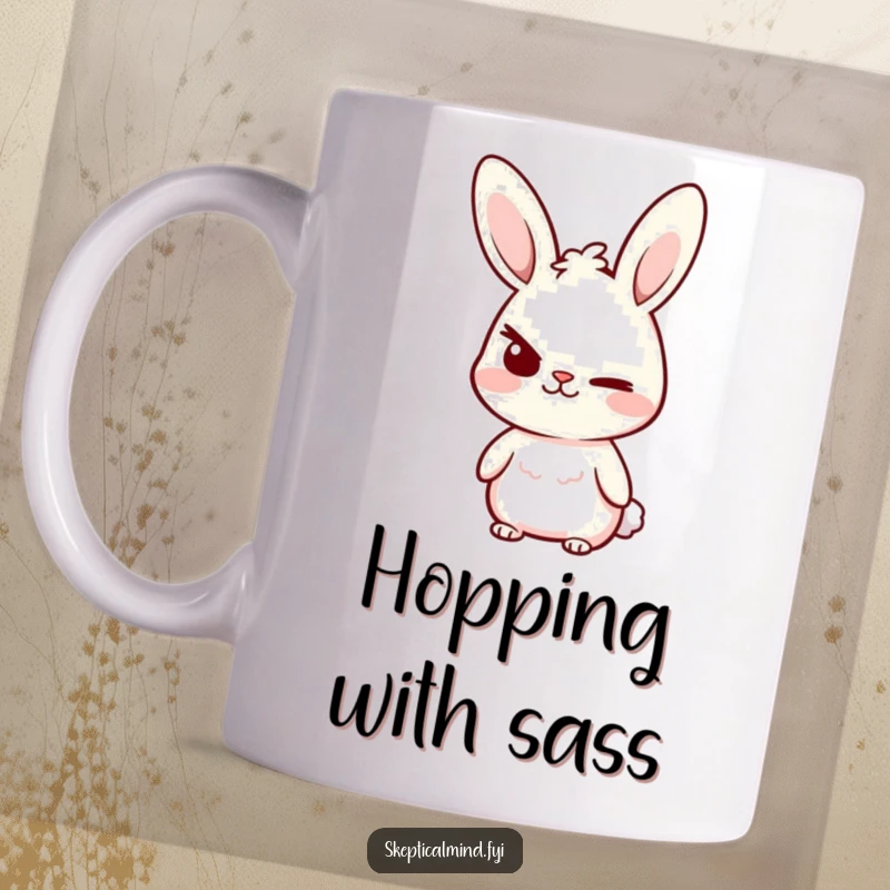 Funny Mug with a small bunny character raising one eyebrow playfully with a confident smirk, exuding mischief and sass.