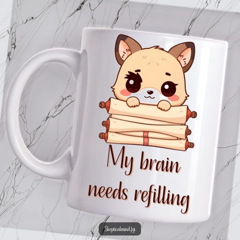 Funny Kawaii animal with one eyebrow raised, peeking curiously over a large stack of ancient scrolls, conveying a judgmental yet adorable expression.