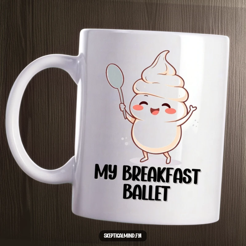 Funny mug featuring a giggling sour cream character doing a silly dance with a spoon, radiating pure joy and infectious humor.