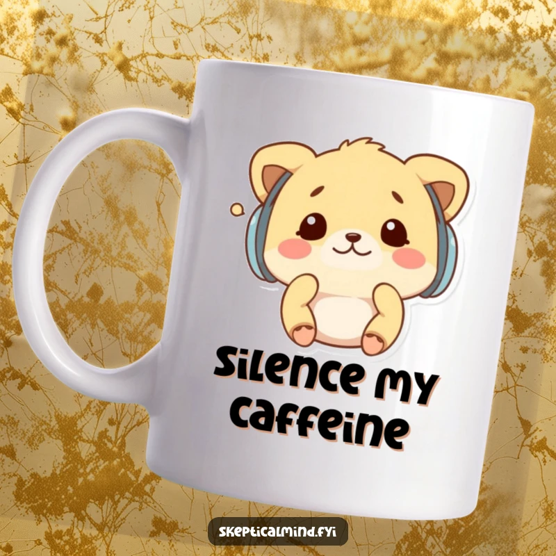 Funny mug with a kawaii animal wearing earmuffs, shaking its head at a tiny whisper, symbolizing the humorous desire for peace and quiet.