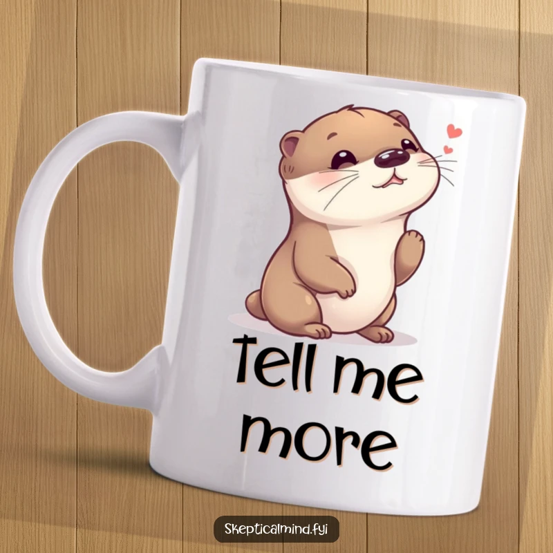 Funny mug with a giggling otter tilting its head, listening intently to a barely audible whisper, its eyes sparkling with amusement.