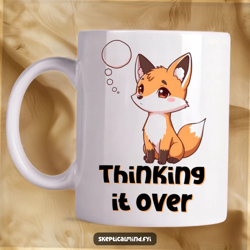 Funny mug with a curious fox raising one eyebrow, intently observing a hovering thought bubble filled with intriguing possibilities.
