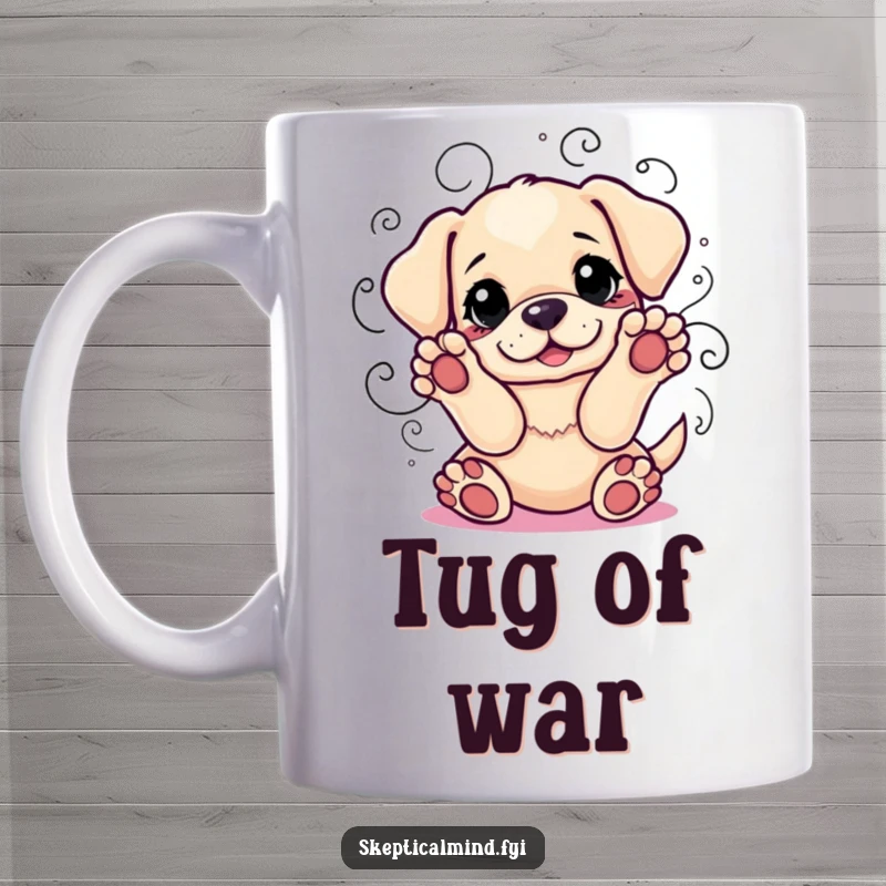 Funny mug with a playful puppy with paws raised, surrounded by swirling lines representing indecision, looking adorably confused.
