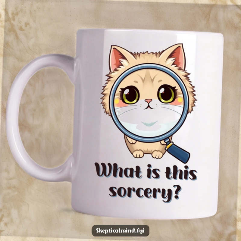 Funny cat mug featuring a fluffy cat peeking over a giant magnifying glass, its wide eyes full of playful curiosity and inquiry with a slight smirk.