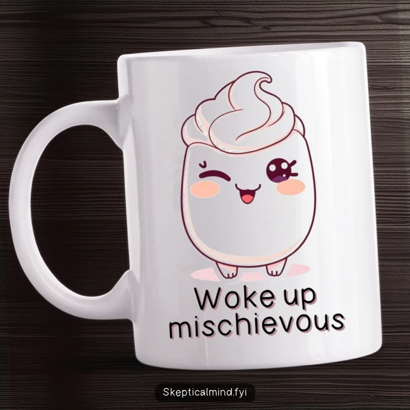 Funny mug shows a sour cream character slyly winking with a mischievous sparkle in its eye, hinting at playful secrets.