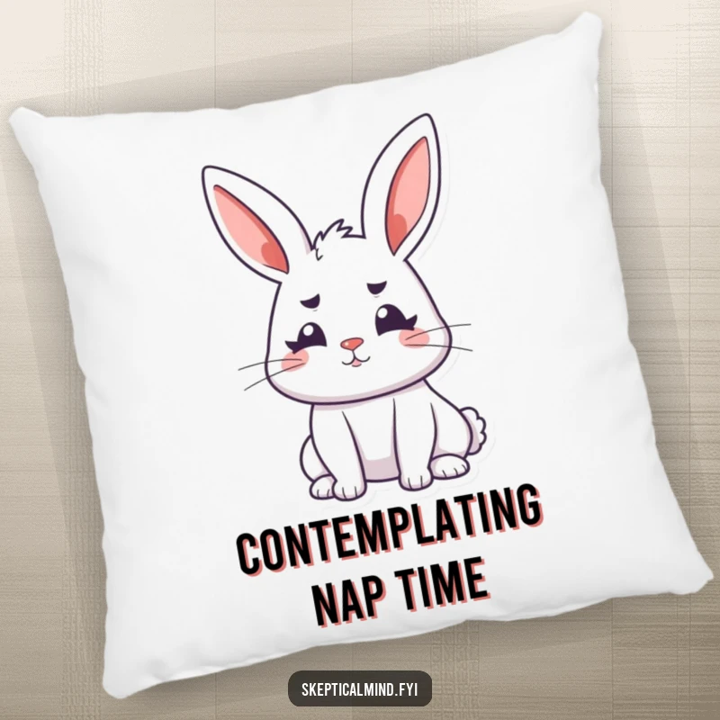 Funny bunny pillow featuring a perky rabbit with ears perked and furrowed brows, symbolizing thoughtful relaxation.