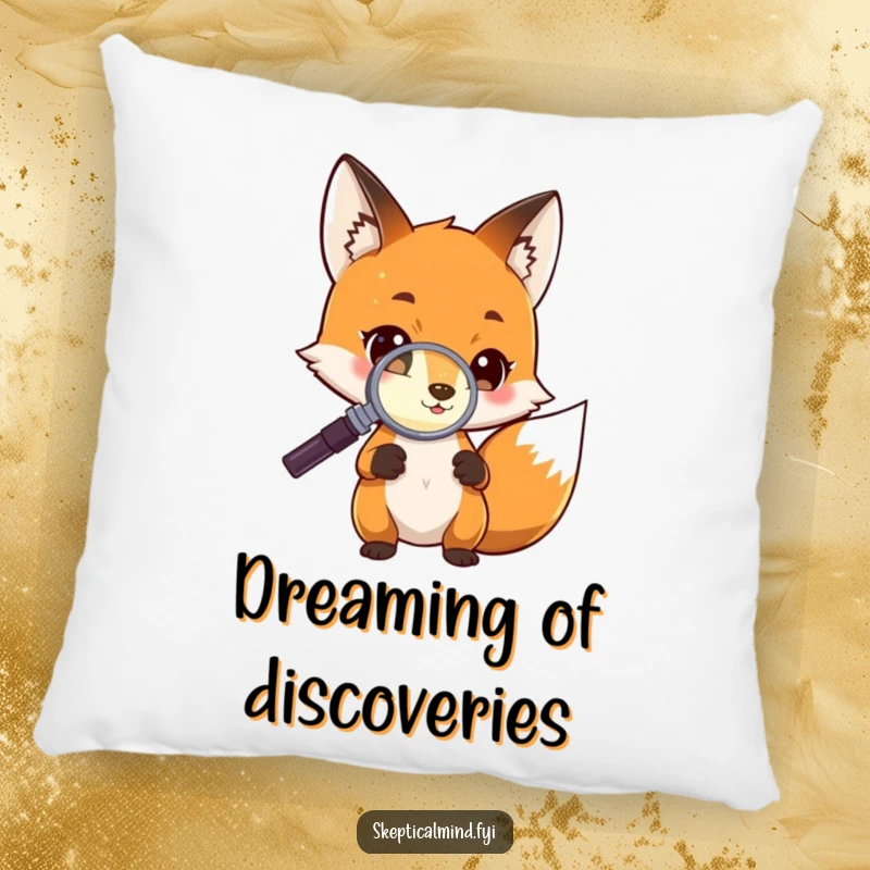 Funny Pillow with a curious fox character holding a magnifying glass to a glowing object, perfect for cozy contemplation.