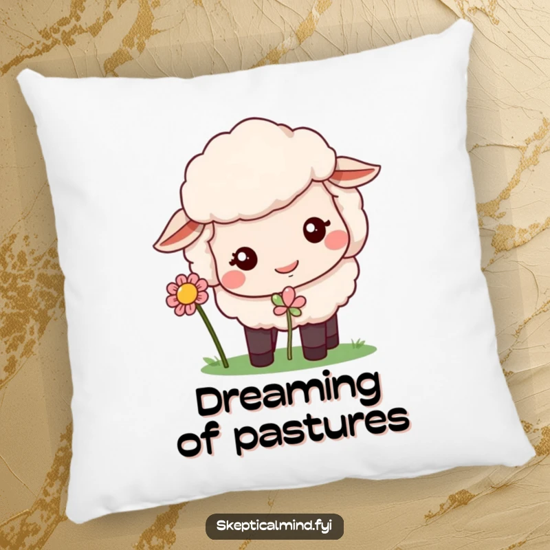 Funny pillow featuring a quizzical sheep sniffing a flower, perfect for cozy, humorous decor.