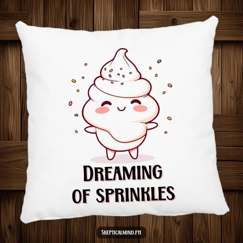 Funny pillow showcasing a smiling sour cream character juggling tiny sprinkles, bringing humorous comfort and sweet vibes.