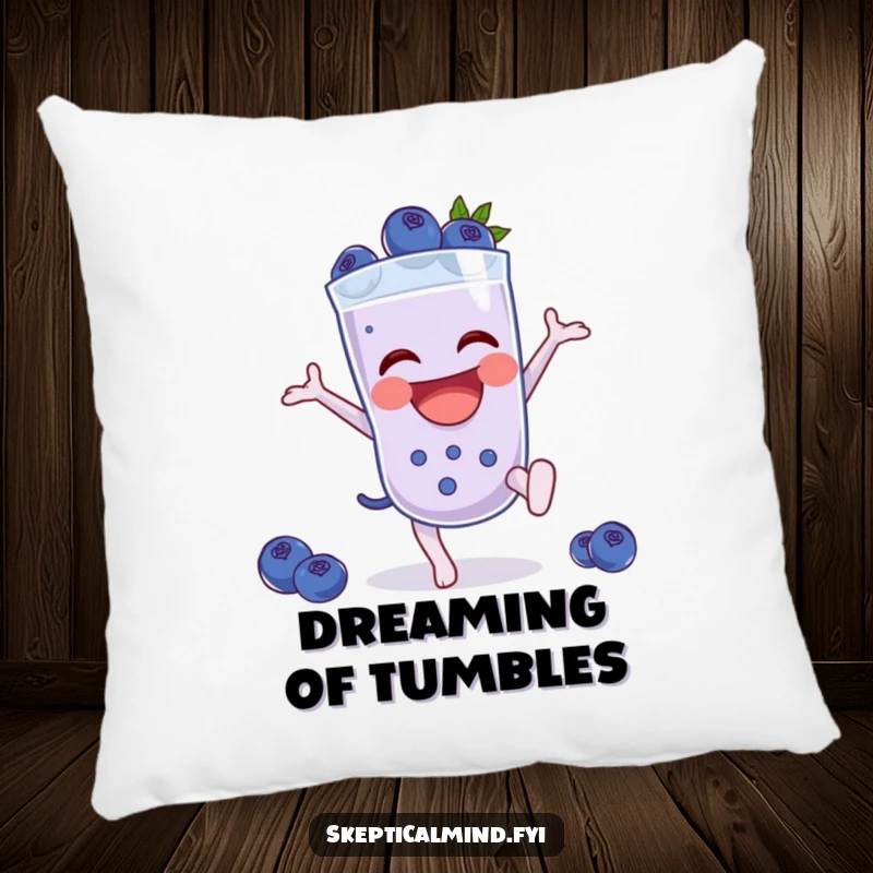 Funny Blueberry smoothie character performing a cartwheel, depicted on a comfortable and funny pillow.
