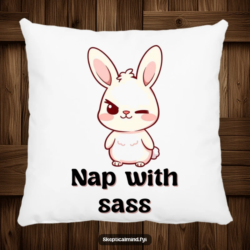 Funny Pillow with a small bunny character giving a confident smirk and raising one eyebrow, perfect for cozy lounging.