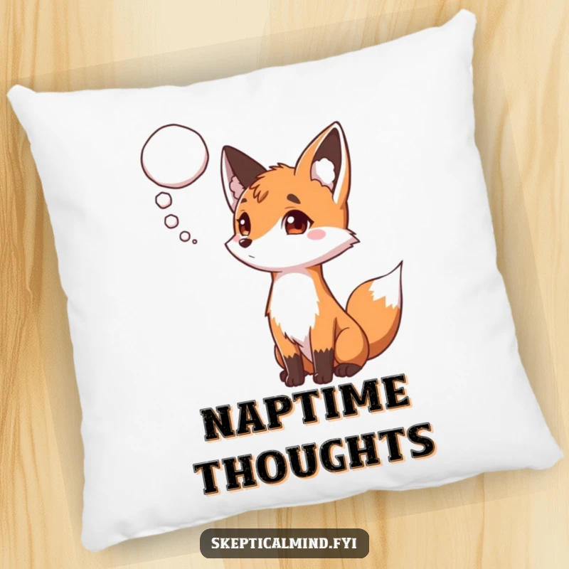 Funny pillow showing a curious fox with a raised eyebrow, looking at a floating thought bubble, inviting cozy contemplation.