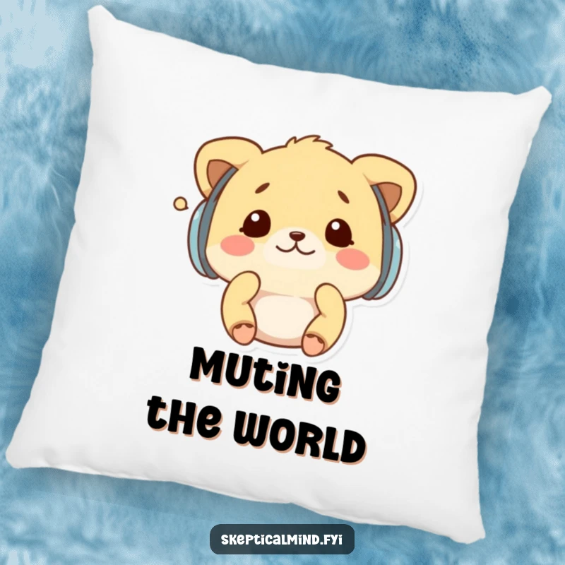 Funny pillow with a kawaii animal wearing earmuffs, shaking its head at a whisper, a humorous symbol of comfort and quiet.