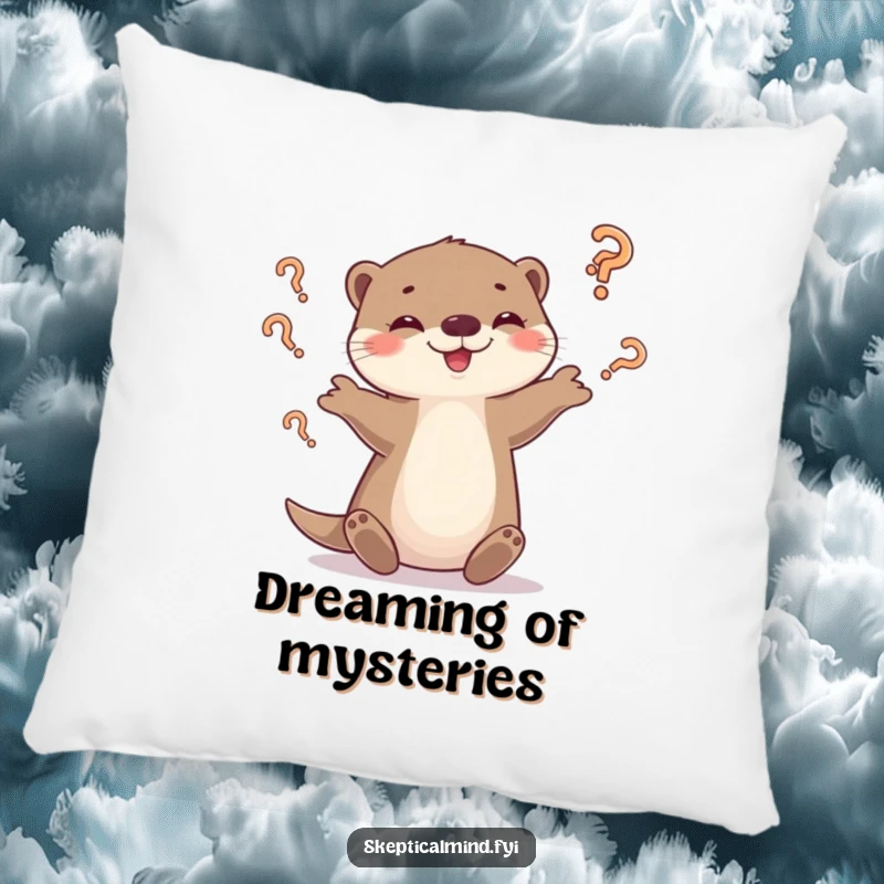 Funny otter pillow featuring a playful otter juggling question marks with a smirk, symbolizing cozy contemplation.