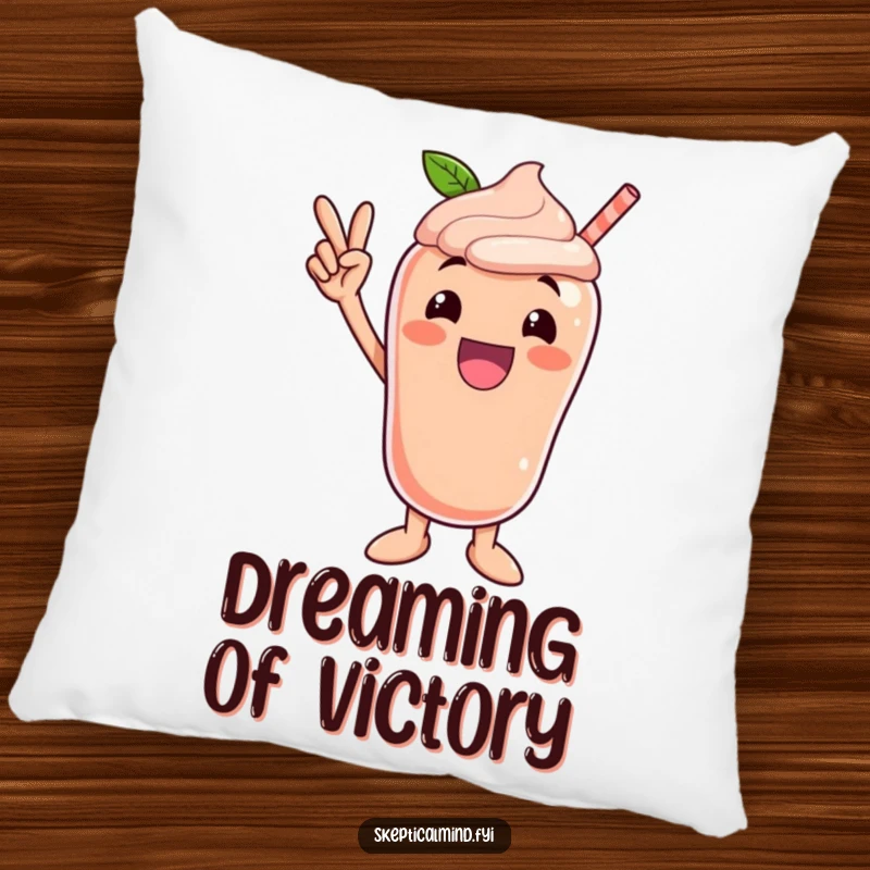 Funny pillow with an excited peach smoothie character striking a victory pose, perfect for adding triumphant comfort and charm.