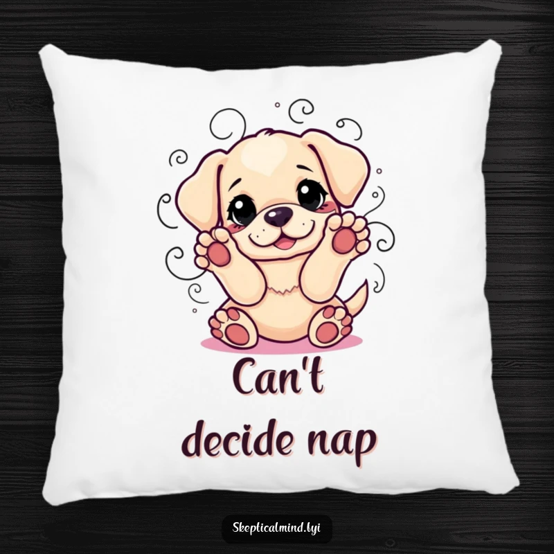 Funny pillow showing a playful puppy with paws raised, surrounded by swirling lines of indecision, inviting cozy contemplation.