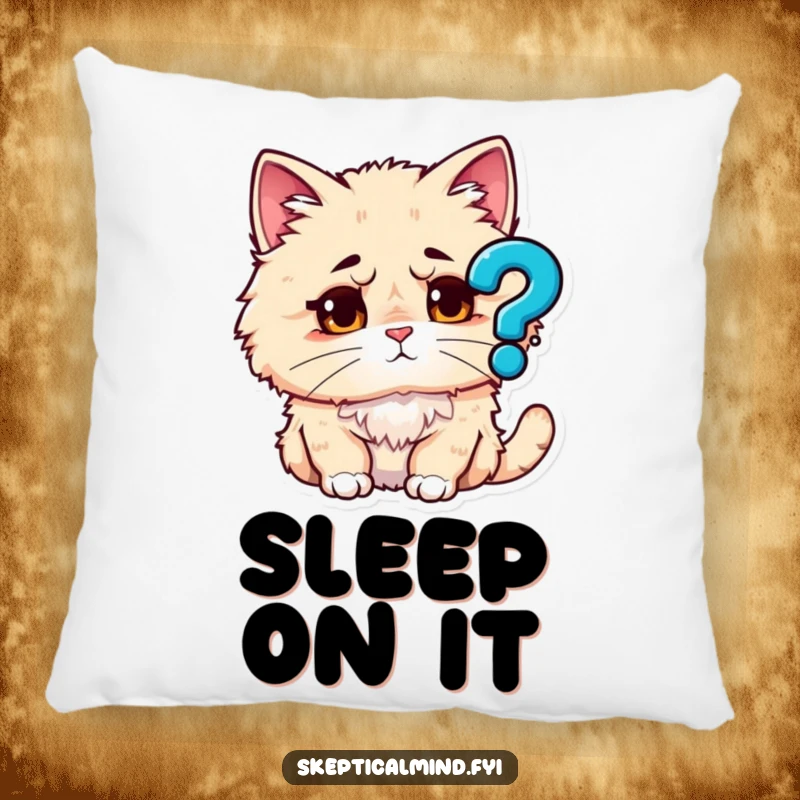 Funny pillow showing a fluffy cat with a confused expression, looking up at a large question mark symbol, inviting thought.