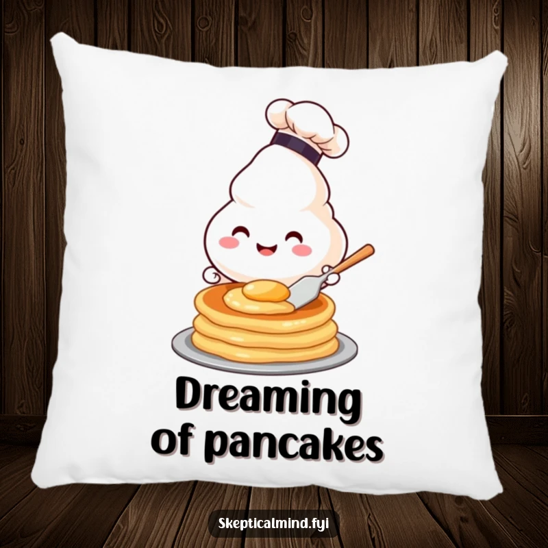 Funny pillow showcasing a happy sour cream character in a chef hat flipping a pancake, bringing humorous comfort and kitchen vibes.