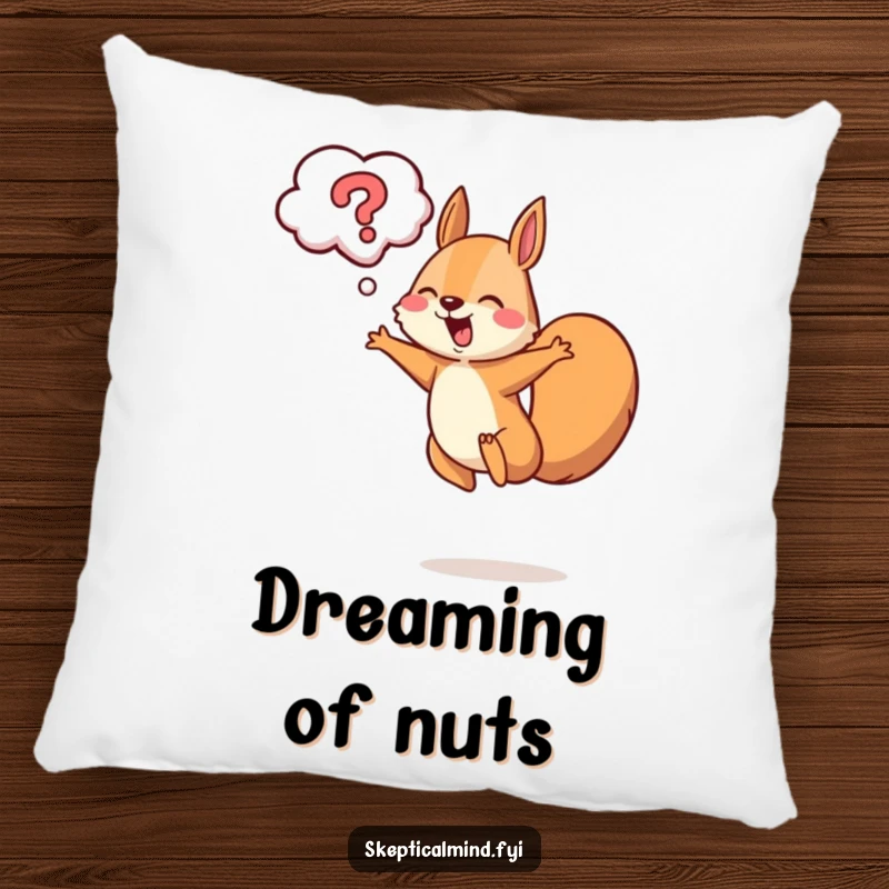 Funny squirrel pillow featuring a happy squirrel leaping with a question mark cloud above, offering comfort and curiosity.