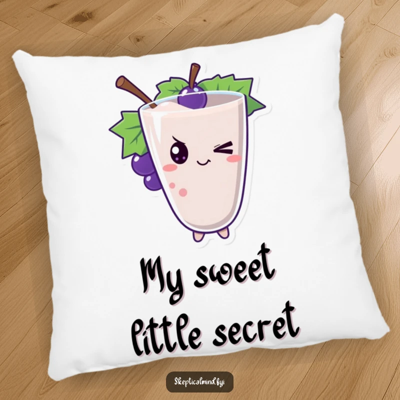 Funny grape smoothie character giving a playful wink, making this pillow a soft and humorous decor item.