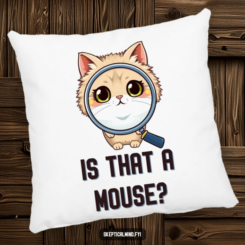 Funny cat pillow with a fluffy cat peering over a large magnifying glass, its wide, questioning eyes expressing deep, humorous contemplation and a quest.