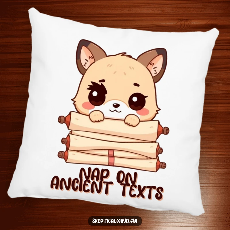 Funny Kawaii animal with a raised eyebrow, peeking over a pile of scrolls, bringing cozy and judgmental vibes to a soft, decorative pillow.