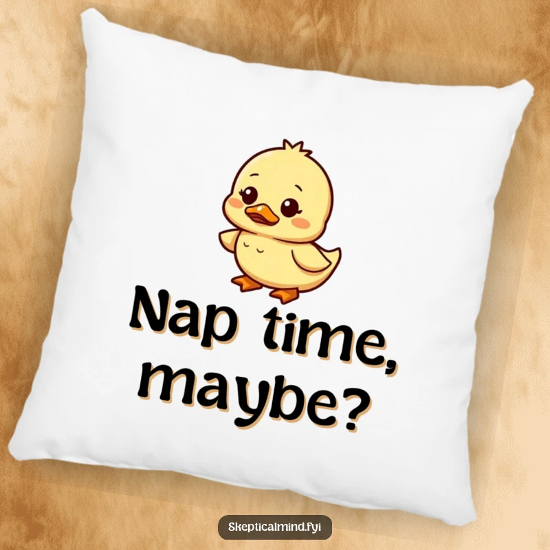 Funny duckling pillow with a small duckling waddling, looking confused but amused, perfect for cozying up.