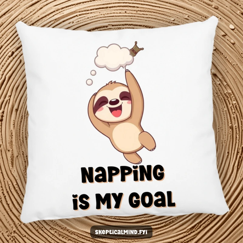 Funny giggling sloth pillow with a sloth dangling upside down and a thought bubble, offering comfort and slow humor.