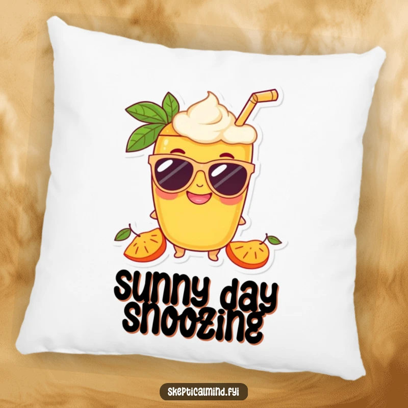 Funny Mango smoothie character wearing oversized sunglasses and smiling, depicted on a soft and funny pillow.