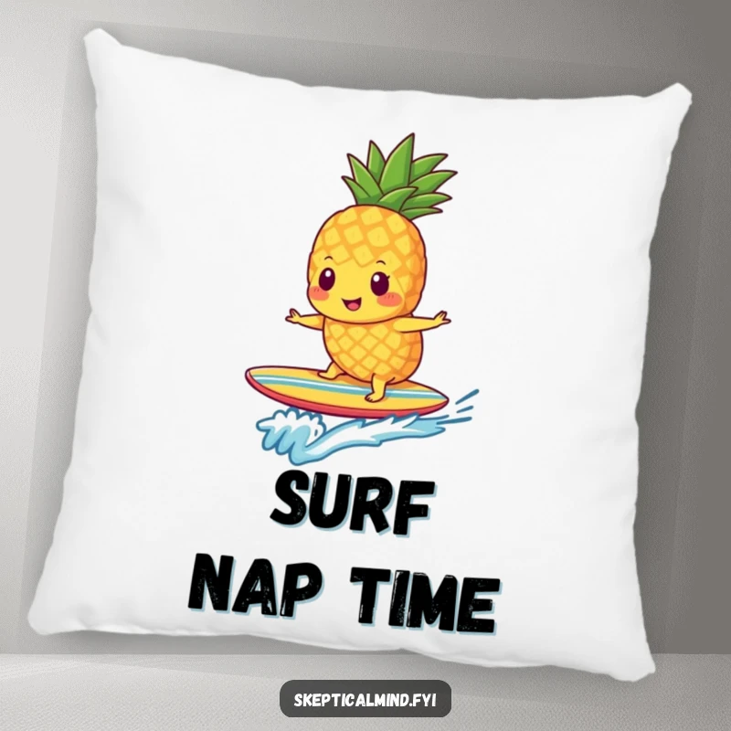 Funny pineapple smoothie character relaxing on a surfboard, offering comfort and humor as decoration on this pillow.