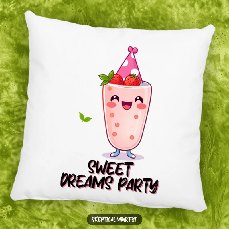 Funny pillow with a joyful berry smoothie character wearing a tiny party hat, perfect for adding festive comfort and charm.