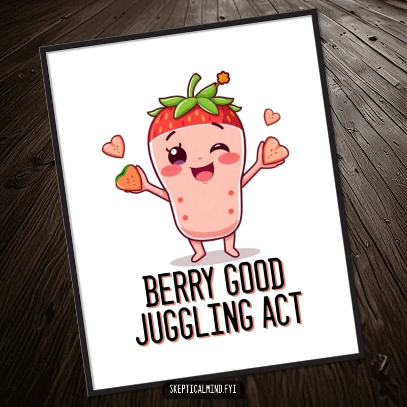 Funny digital art print of a strawberry smoothie character juggling fruit, ideal for instant vibrant wall decor and humor.