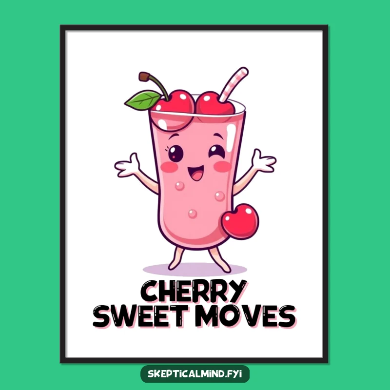 Funny Cherry Smoothie Dance Digital Art Print, Cheerful Fruit Character Decor Gift