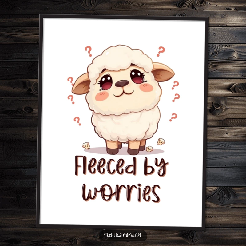 Funny sheep digital art print of a fluffy sheep with a furrowed brow surrounded by tiny doubts, offering relatable humor.